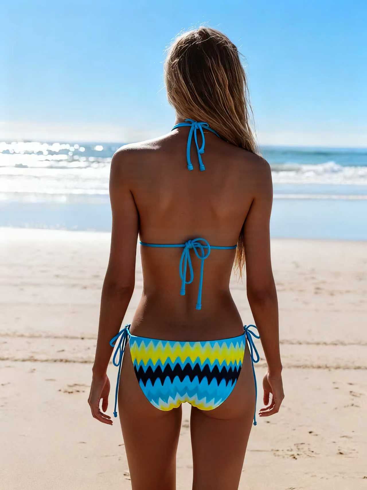 2026 New Bikini Yellow and Blue Color Clash Design Swimsuit Wave Pattern Print Eco-friendly Fabric Size S - Image 3