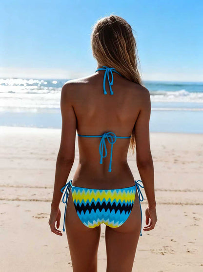 2026 New Bikini Yellow and Blue Color Clash Design Swimsuit Wave Pattern Print Eco-friendly Fabric Size S - Image 3