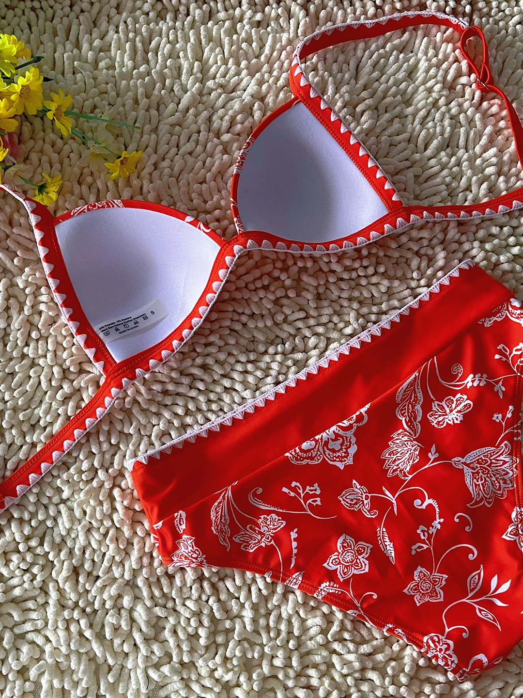 New Hard Cup Bra Padded High Waist Floral Printed Swimsuit Orange Bikini Size S - Image 3