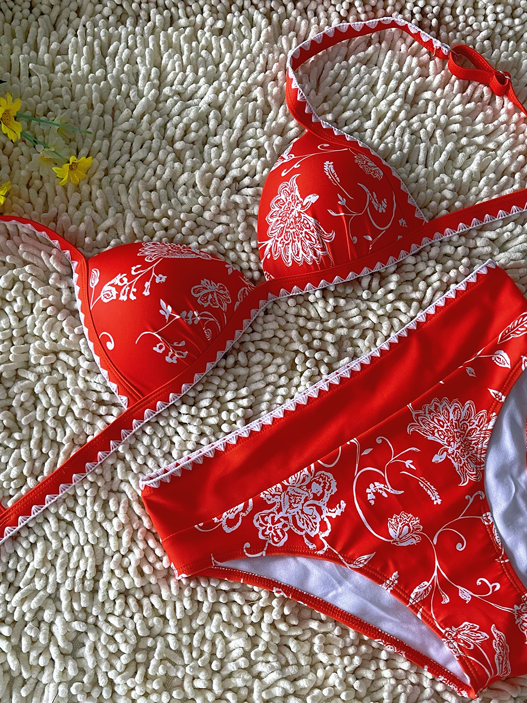 New Hard Cup Bra Padded High Waist Floral Printed Swimsuit Orange Bikini Size S - Image 4