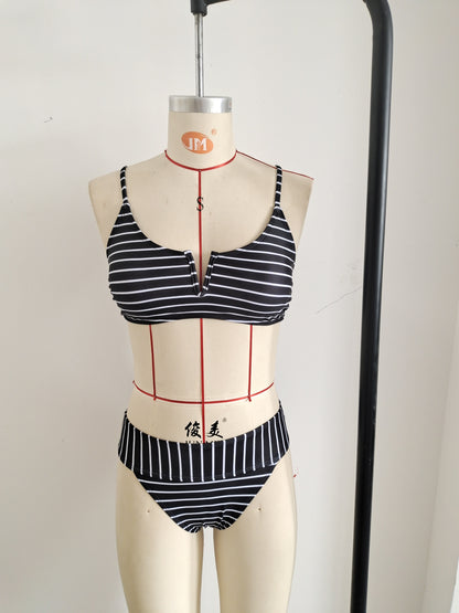 Women Striped Striped Print Bikini Deep-V Neck Women's Swimwear Beachwear Size XL - Image 4