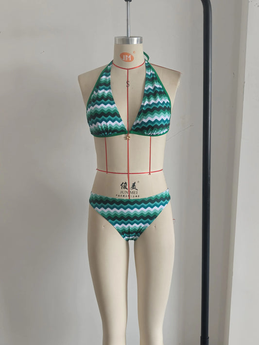 Lake Blue Halter Neck Swimwear with Wave Pattern for Women Size L - Image 4