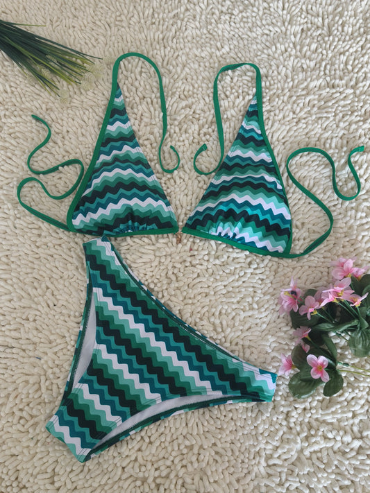 Lake Blue Halter Neck Swimwear with Wave Pattern for Women Size XL - Image 7