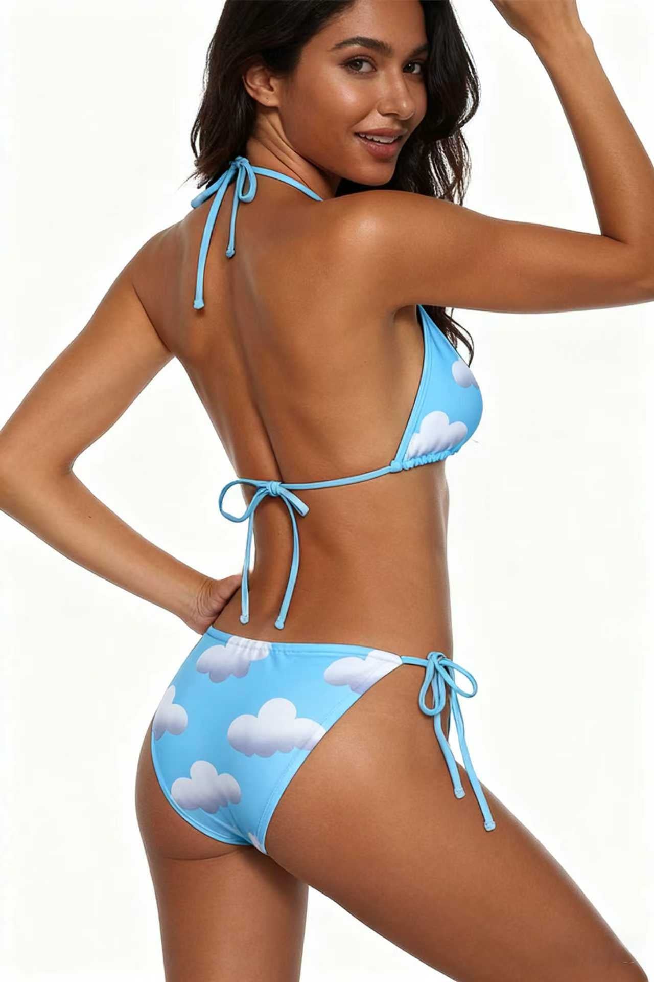 White Clouds Cute Bikini Sky Blue Deep V Tie Swimsuit Size M - Image 2