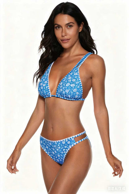 Adjustable Strap Blue Floral Print Swimwear Set Size L - Image 2