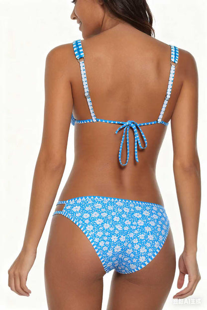 Adjustable Strap Blue Floral Print Swimwear Set Size L - Image 3