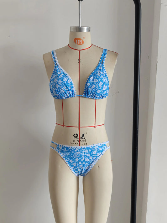 Adjustable Strap Blue Floral Print Swimwear Set Size L - Image 4