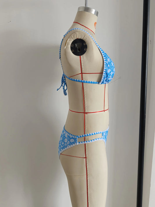 Adjustable Strap Blue Floral Print Swimwear Set Size M - Image 5