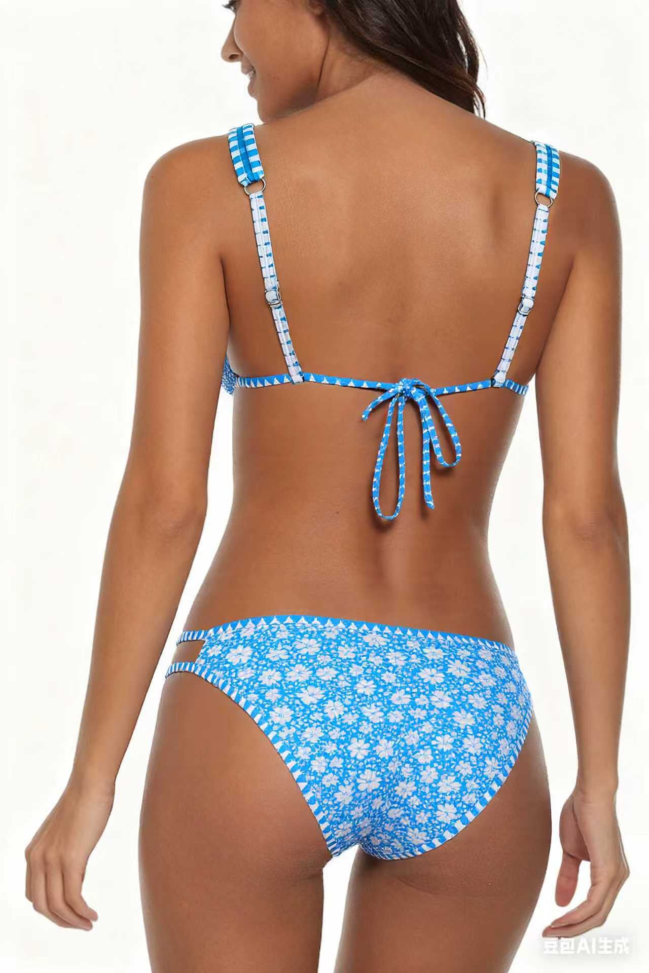 Adjustable Strap Blue Floral Print Swimwear Set Size XL - Image 3