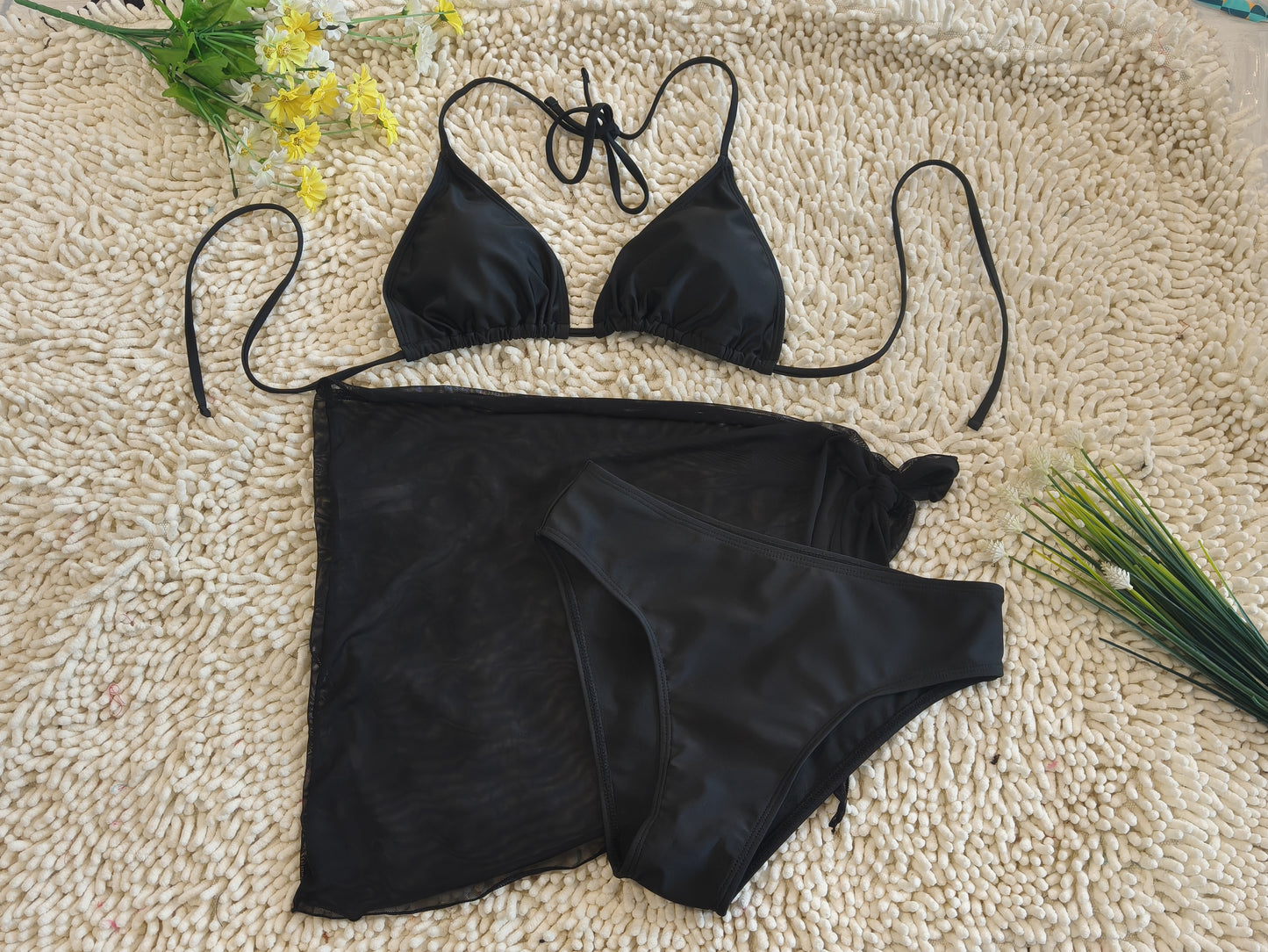 Three Piece Bikini Gauze See Through Sexy Deep V Black Swimsuit Size S - Image 3