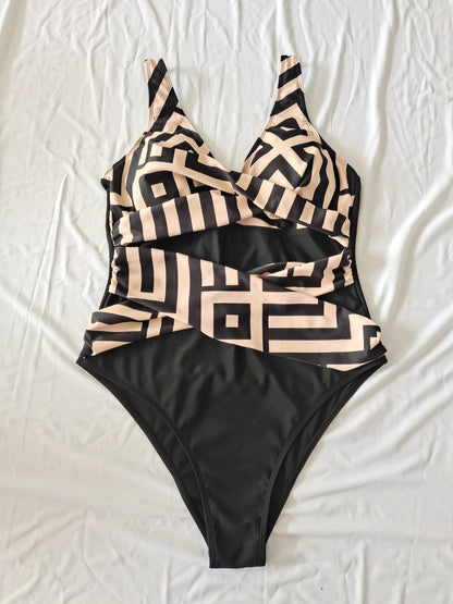 Plus Size One-Piece Deep V-Neck Swimsuit with Waist Tie Design Size 1XL - Image 3