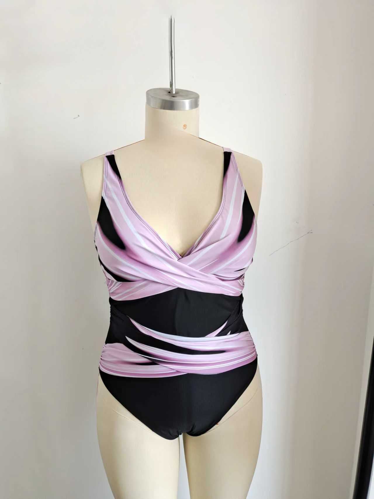Plus Size One-Piece Deep V-Neck Swimsuit with Waist Tie Design Size 3XL - Image 3