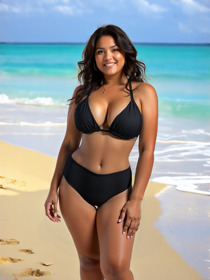 High-waist Design for Shaping the Buttocks Pure Black Bikini Plus Size 2XL