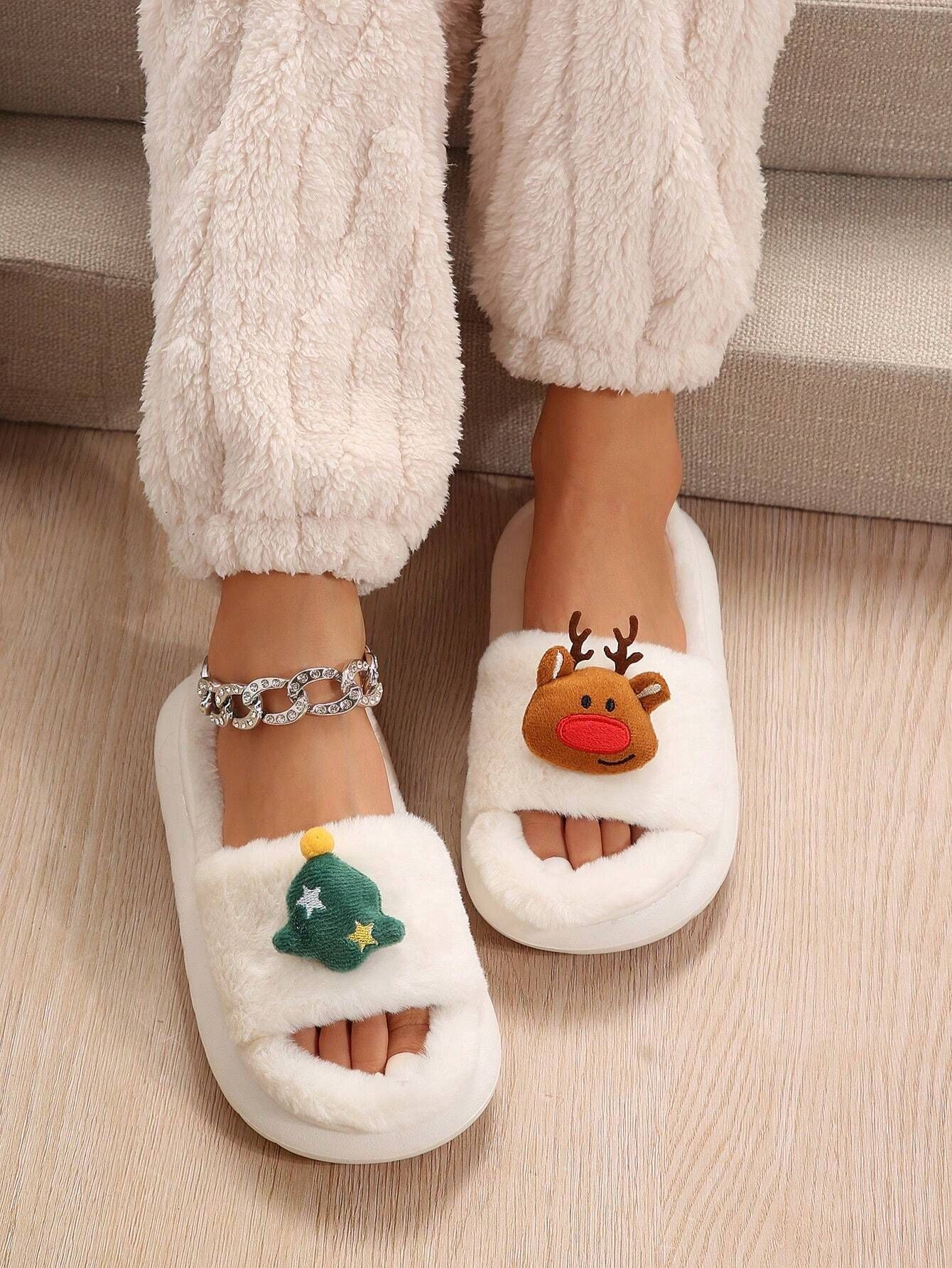Christmas Cartoon Plush Slippers, Unisex Lightweight Thick-Soled Anti-Slip Fuzzy Slippers for Couples & Family(milky white-41-42)