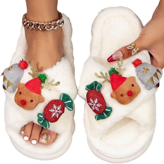 Christmas Cartoon Plush Slippers, Unisex Lightweight Thick-Soled Anti-Slip Fuzzy Slippers for Couples & Family(white-35-36)
