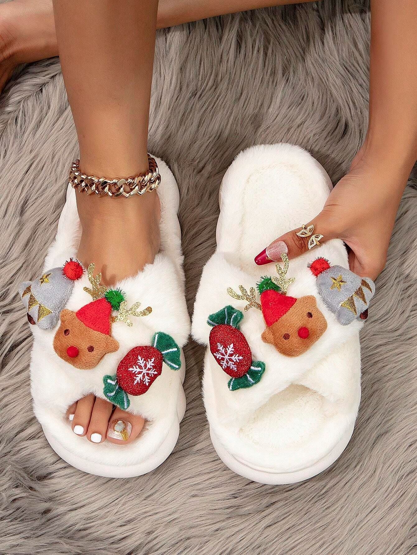 Christmas Cartoon Plush Slippers, Unisex Lightweight Thick-Soled Anti-Slip Fuzzy Slippers for Couples & Family(white-37-38) - Image 4