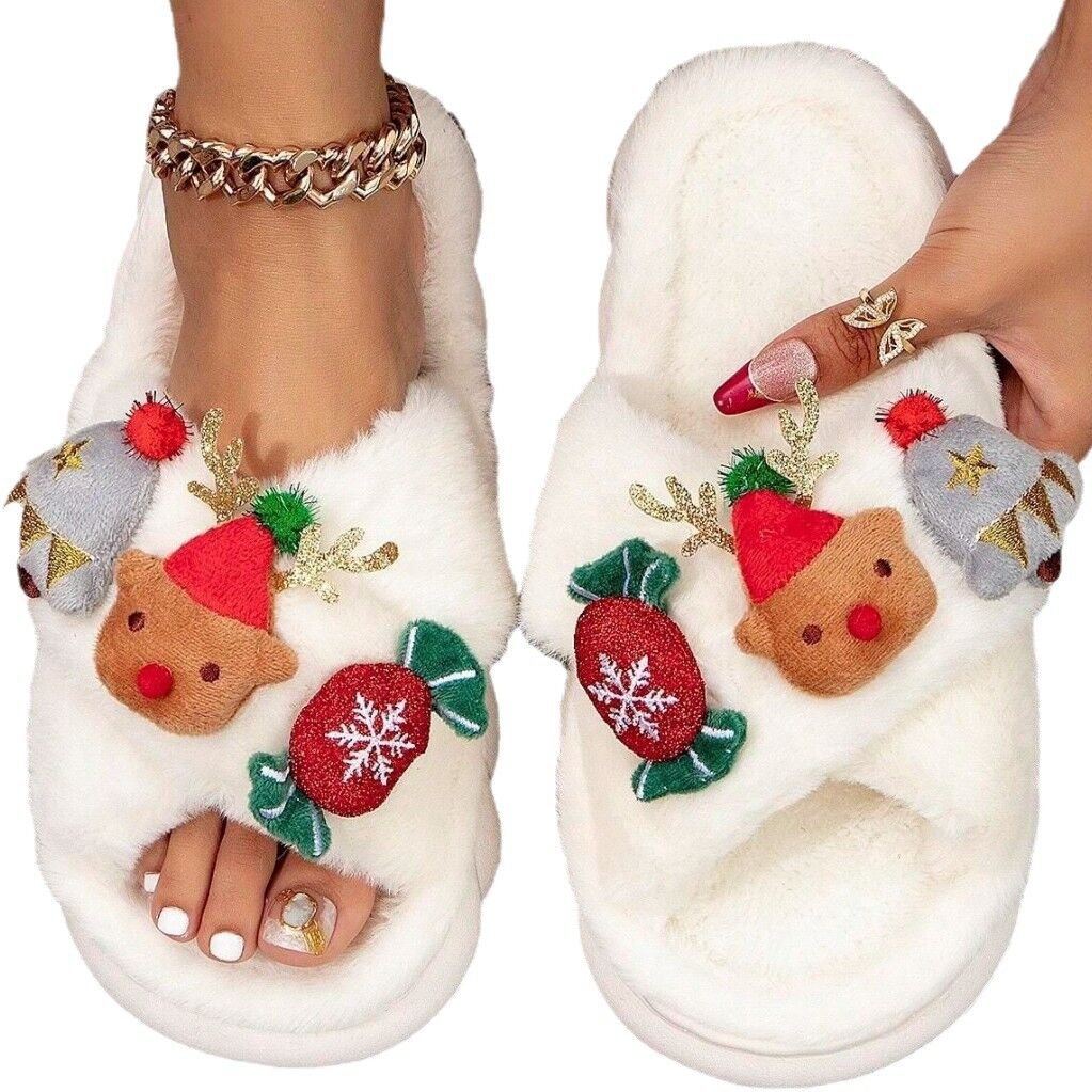 Christmas Cartoon Plush Slippers, Unisex Lightweight Thick-Soled Anti-Slip Fuzzy Slippers for Couples & Family(white-39-40)