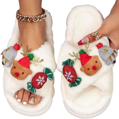 Christmas Cartoon Plush Slippers, Unisex Lightweight Thick-Soled Anti-Slip Fuzzy Slippers for Couples & Family(white-39-40)