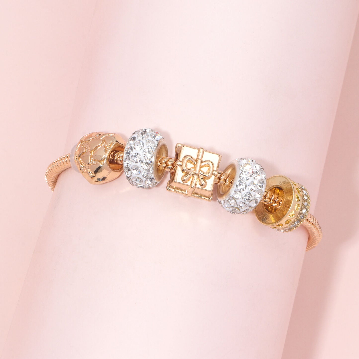 Rose Gold Crystal & Heart Charm Bracelet(rose gold,16cm) - Image 3