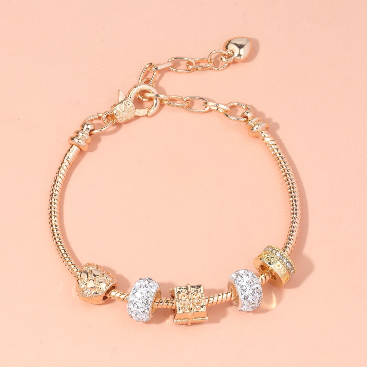 Rose Gold Crystal & Heart Charm Bracelet(rose gold,18cm) - Image 2