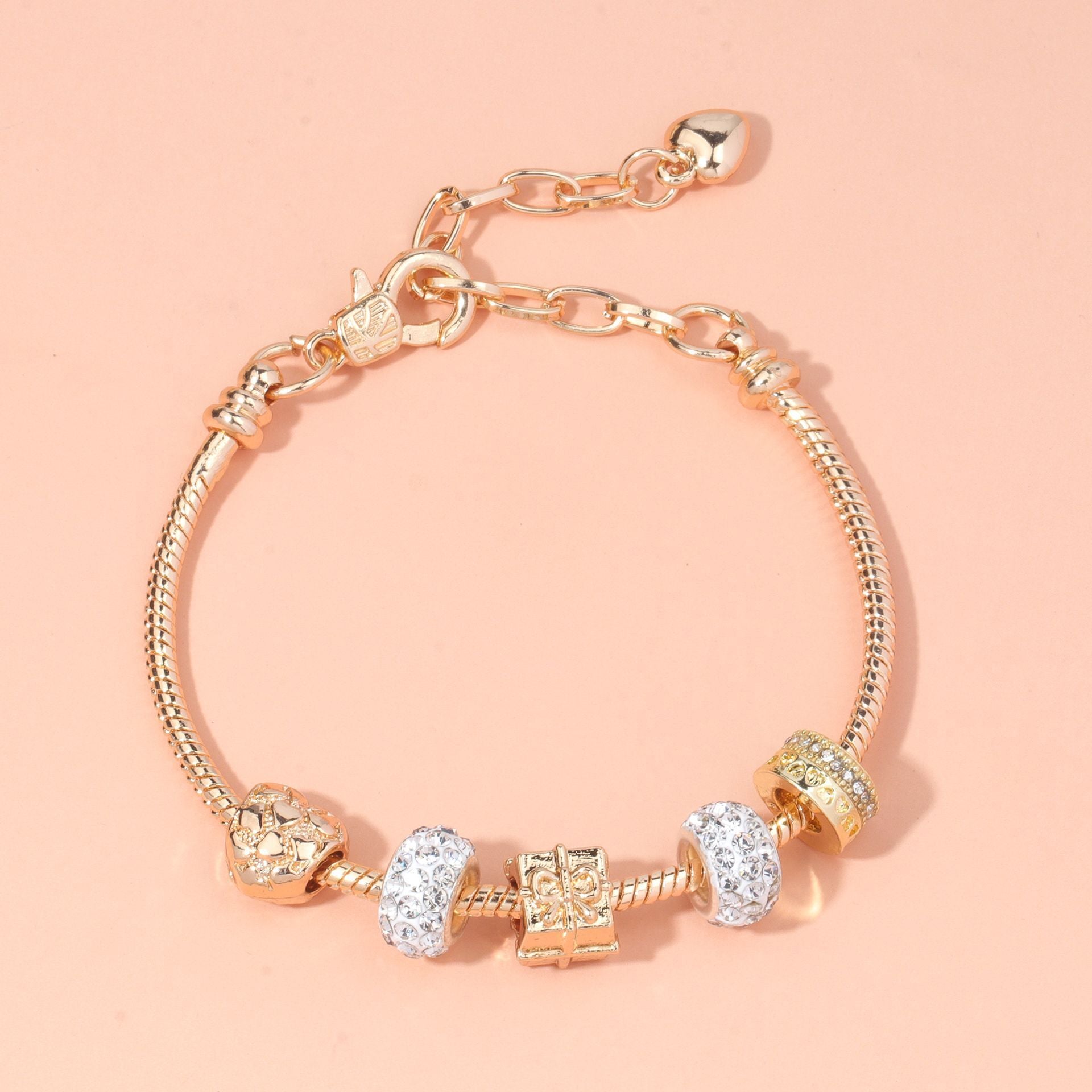 Rose Gold Crystal & Heart Charm Bracelet(rose gold,19cm) - Image 2