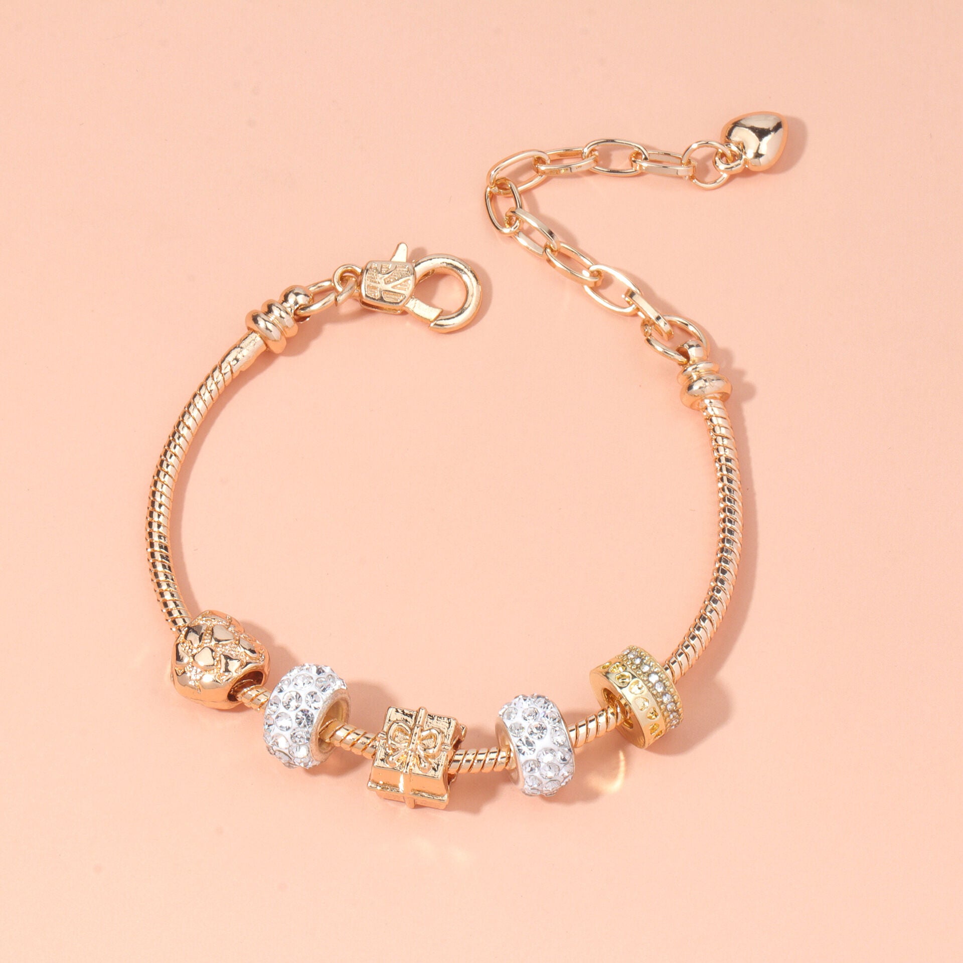 Rose Gold Crystal & Heart Charm Bracelet(rose gold,19cm) - Image 4