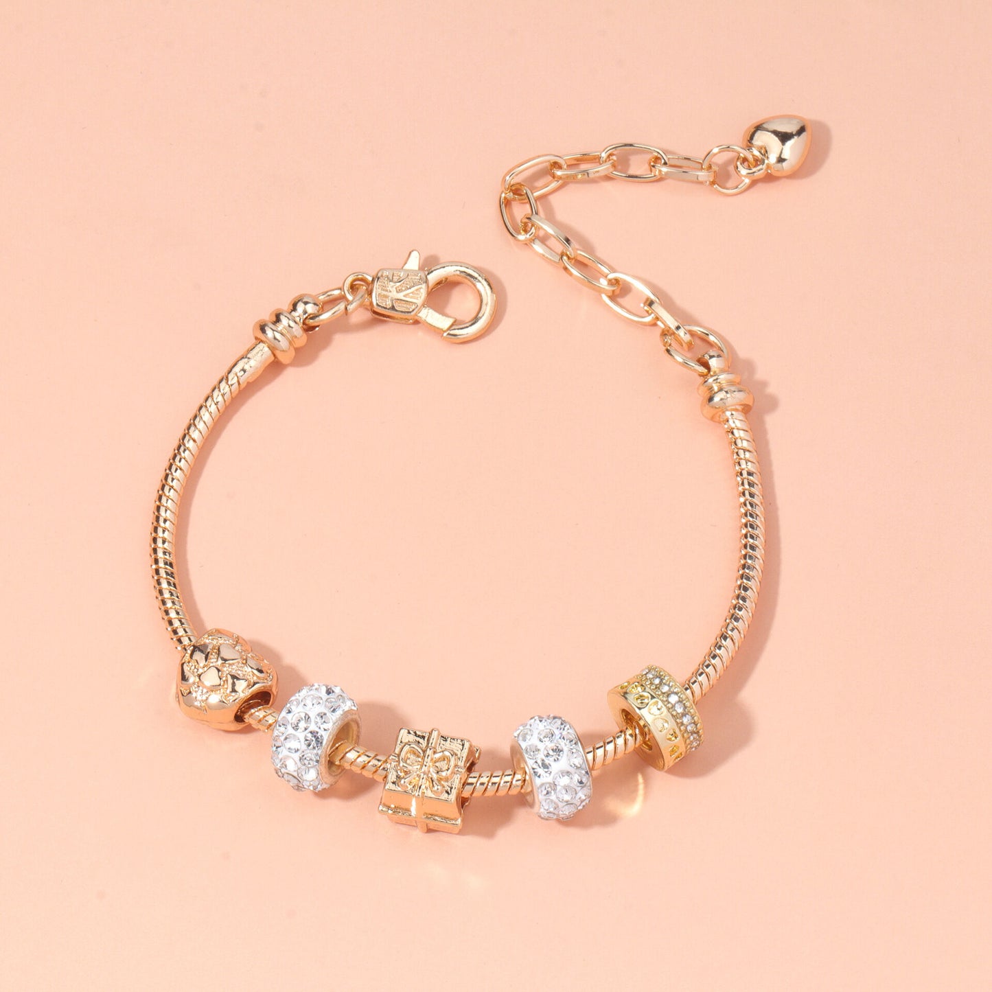 Rose Gold Crystal & Heart Charm Bracelet(rose gold,20cm) - Image 4