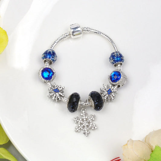 Rhinestone Blue Cat’s Eye Starry Glaze Beads Bracelet with Snowflake Pendant(18cm)