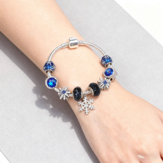 Rhinestone Blue Cat’s Eye Starry Glaze Beads Bracelet with Snowflake Pendant(19cm) - Image 2
