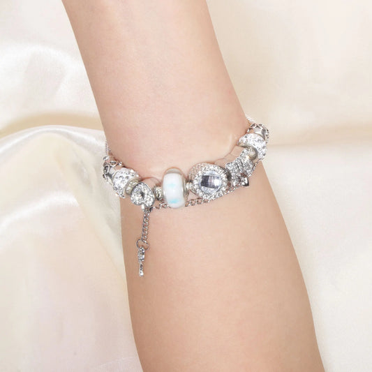 Rhinestone Cat's Eye Glass Bead Charm Bracelet - Heart Lock Pendant(18cm) - Image 2