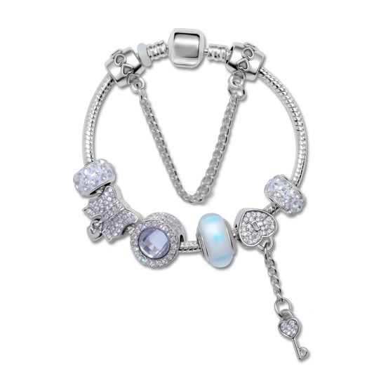 Rhinestone Cat's Eye Glass Bead Charm Bracelet - Heart Lock Pendant(20cm)