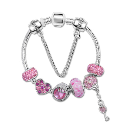 Rhinestone Heart & Bead Alloy Plated Bracelet with Happy Lock Pendant(18cm)