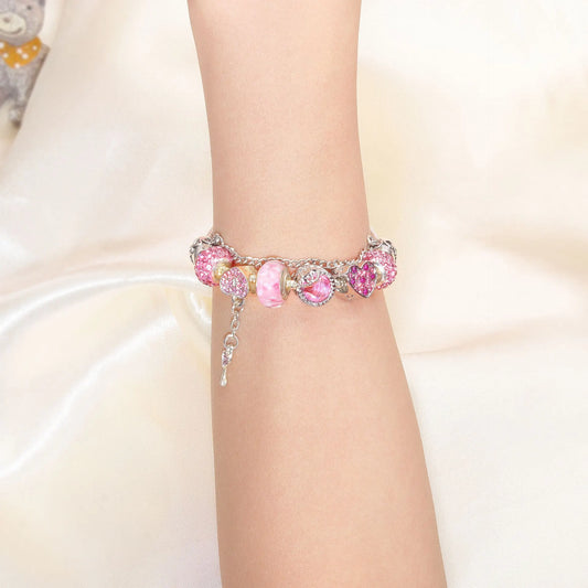 Rhinestone Heart & Bead Alloy Plated Bracelet with Happy Lock Pendant(20cm) - Image 2