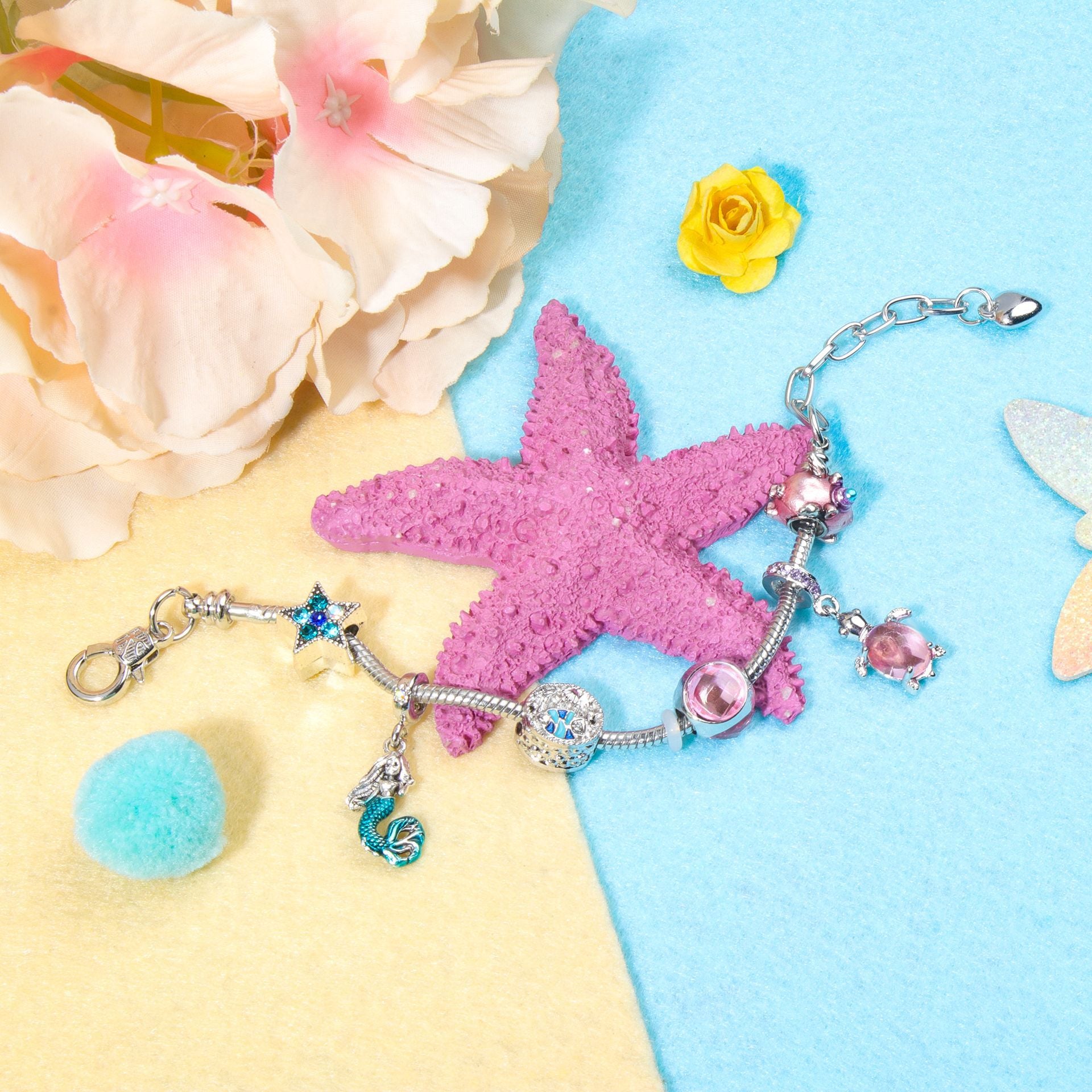 Rhinestone Star Alloy Bracelet with Mermaid & Turtle Charms Cute Pig & Glass Beads Jewelry(17cm) - Image 3