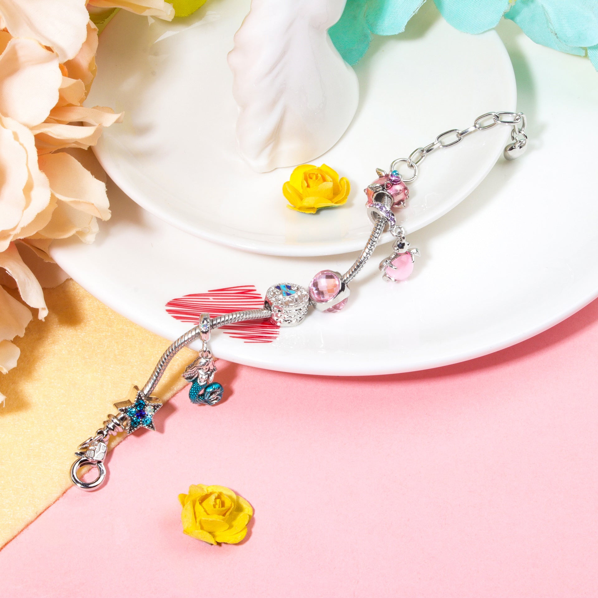Rhinestone Star Alloy Bracelet with Mermaid & Turtle Charms Cute Pig & Glass Beads Jewelry(19cm) - Image 4