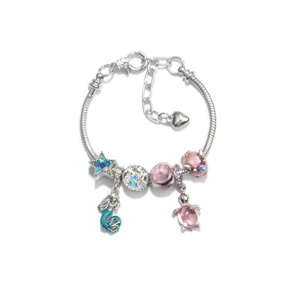 Rhinestone Star Alloy Bracelet with Mermaid & Turtle Charms Cute Pig & Glass Beads Jewelry(20cm)