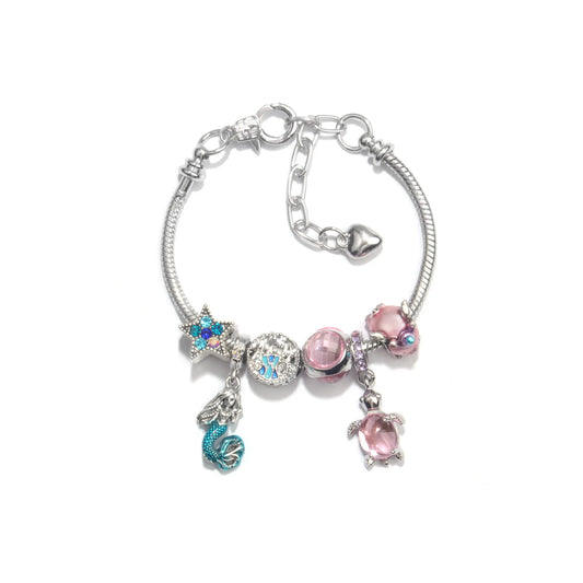 Rhinestone Star Alloy Bracelet with Mermaid & Turtle Charms Cute Pig & Glass Beads Jewelry(20cm)