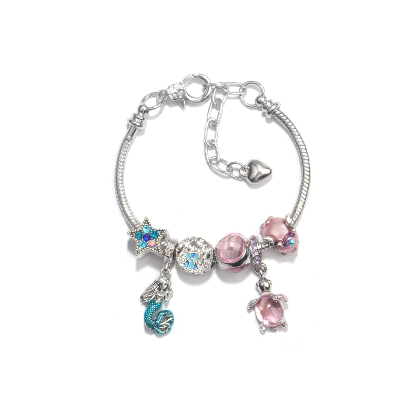 Rhinestone Star Alloy Bracelet with Mermaid & Turtle Charms Cute Pig & Glass Beads Jewelry(21cm)
