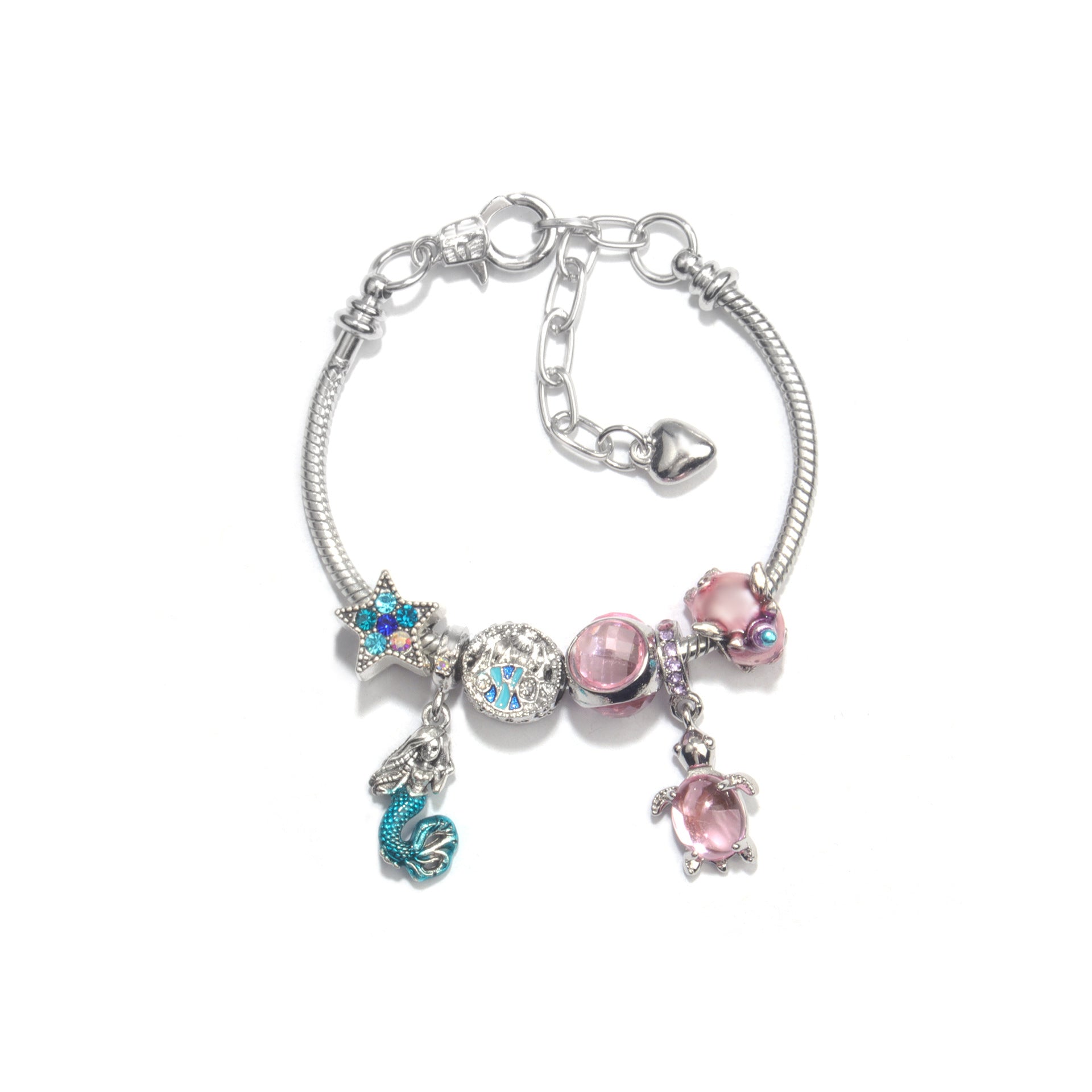 Rhinestone Star Alloy Bracelet with Mermaid & Turtle Charms Cute Pig & Glass Beads Jewelry(21cm)