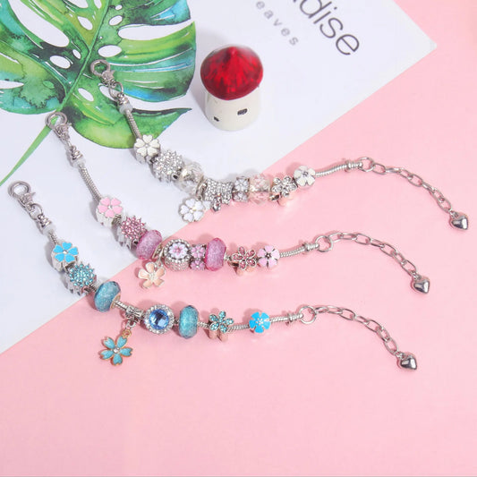 Blue Magnolia Alloy Bracelet with Rhinestones & Glaze Beads(16cm) - Image 4