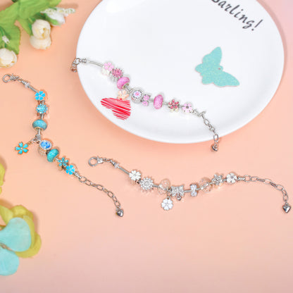 Blue Magnolia Alloy Bracelet with Rhinestones & Glaze Beads(17cm) - Image 6