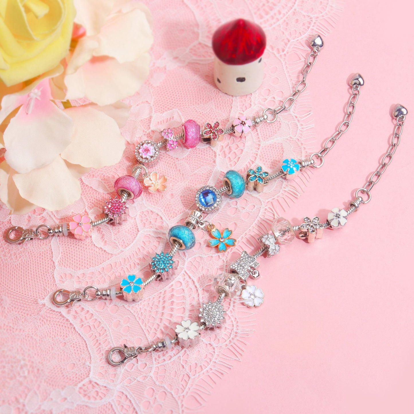 Blue Magnolia Alloy Bracelet with Rhinestones & Glaze Beads(18cm) - Image 3