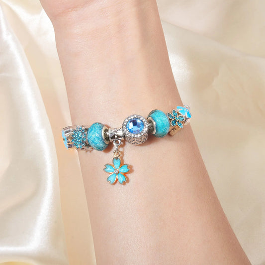 Blue Magnolia Alloy Bracelet with Rhinestones & Glaze Beads(19cm) - Image 2