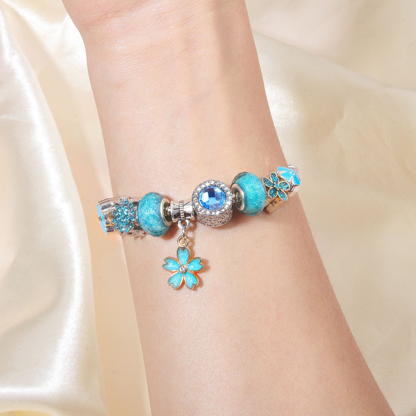 Blue Magnolia Alloy Bracelet with Rhinestones & Glaze Beads(20cm) - Image 2