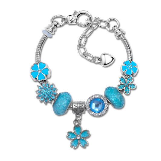 Blue Magnolia Alloy Bracelet with Rhinestones & Glaze Beads(21cm)