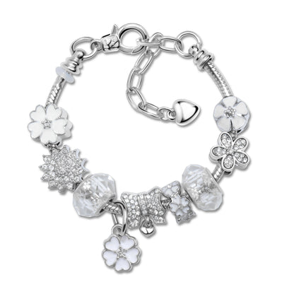 Alloy Bracelet with Rhinestone, Glass Beads & White Magnolia Pendant(17cm)