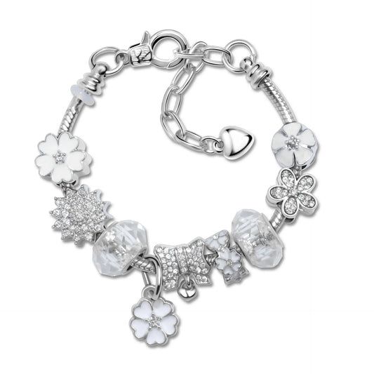 Alloy Bracelet with Rhinestone, Glass Beads & White Magnolia Pendant(17cm)