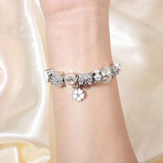 Alloy Bracelet with Rhinestone, Glass Beads & White Magnolia Pendant(18cm) - Image 2