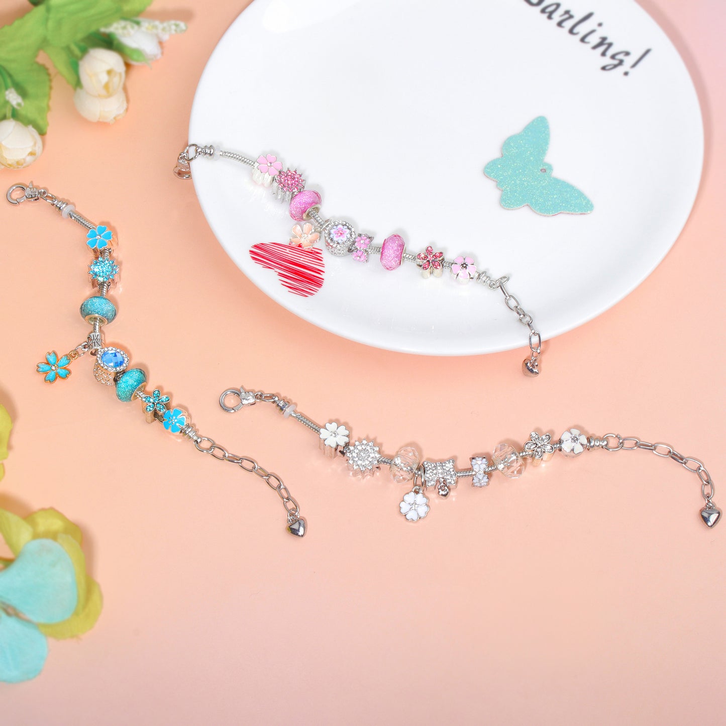 Alloy Bracelet with Rhinestone, Glass Beads & White Magnolia Pendant(20cm) - Image 5