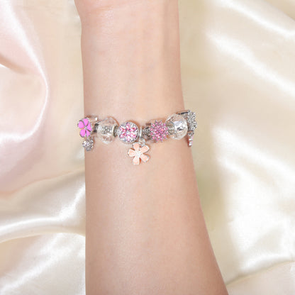 Pink Rhinestone Glass Enamel Bead Bracelet with Magnolia Pendant(17cm) - Image 2